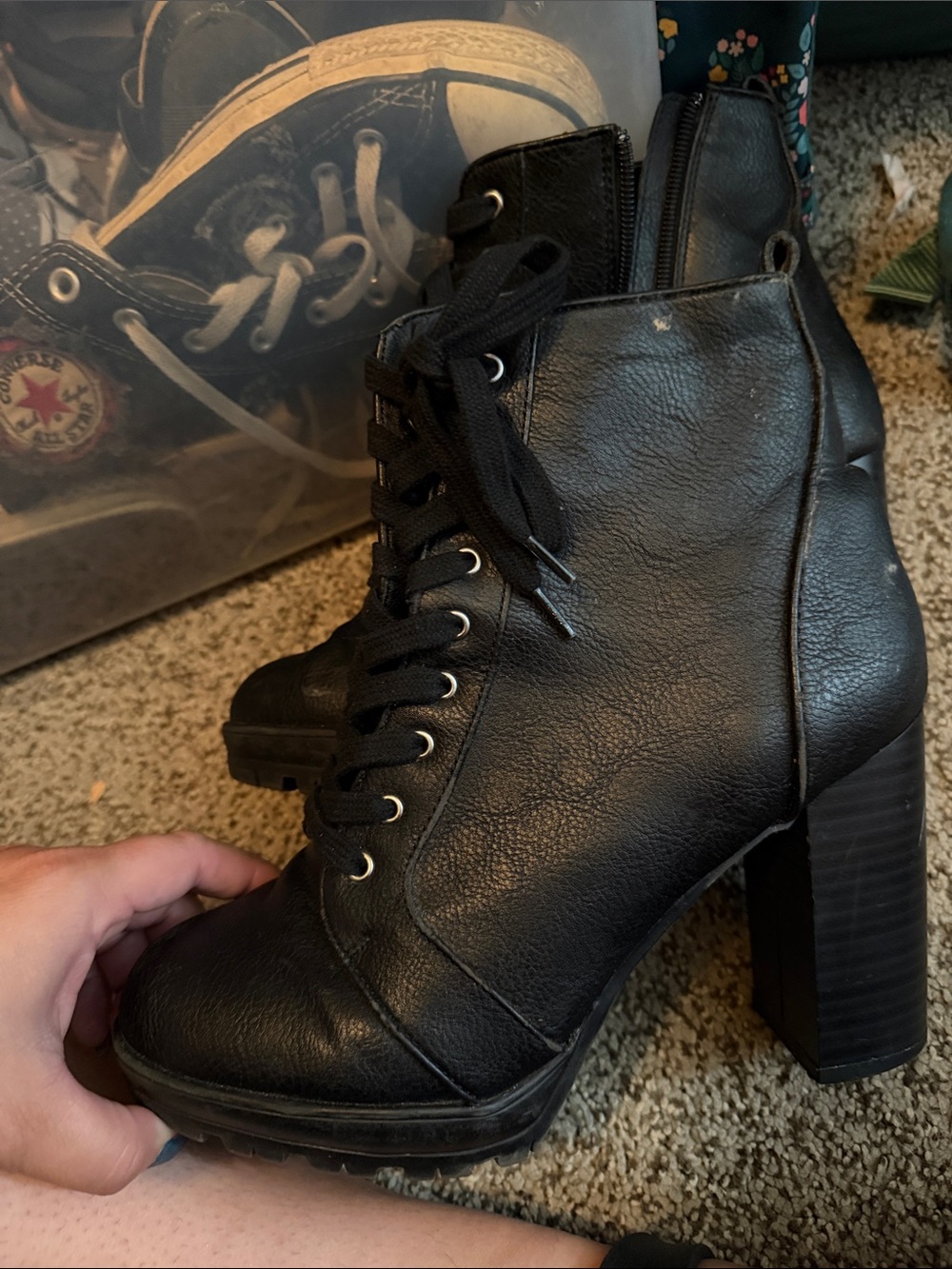 Women's Black Lace-Up Block Heel Ankle Boots